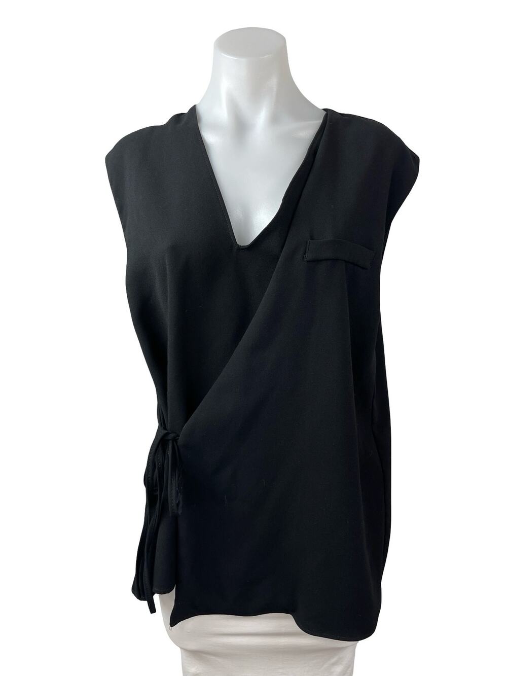 Zara Women's Black Short Cap Sleeve V Neck Tie Wrap Pocket Blouse Top Size L